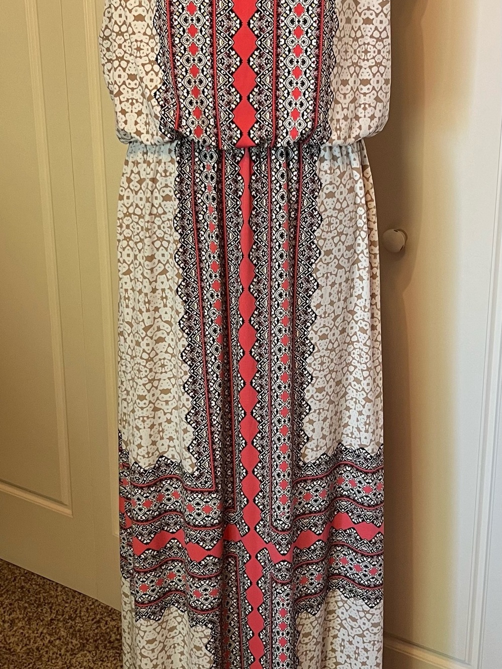 Boho Maxi Dress in Coral, Black, Tan & White -Sz 12